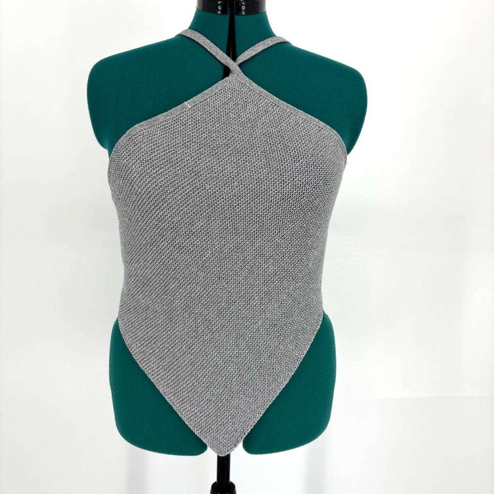 Zara Silver Knit Backless Tie Strap Halter Top, Large